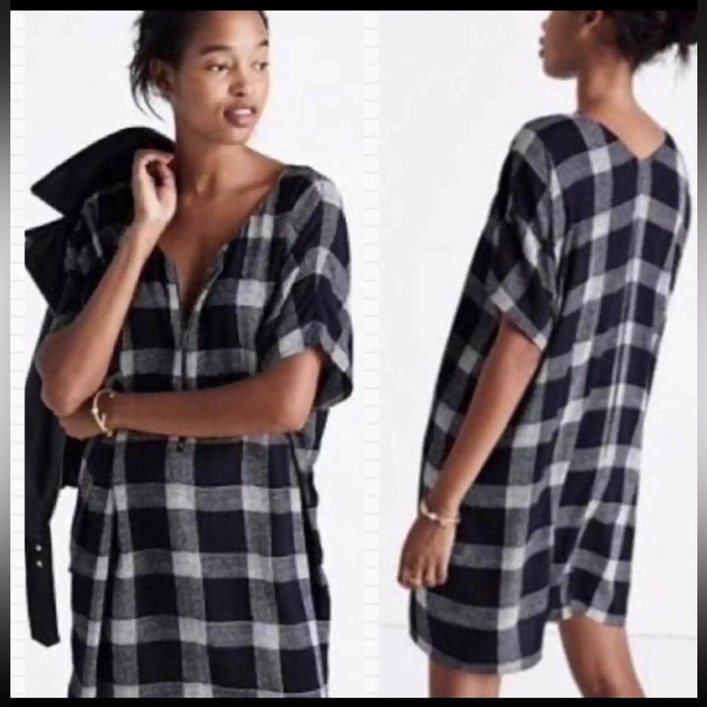 Madewell Zip Front Black Buffalo Plaid Check Sheath Dress Size Small